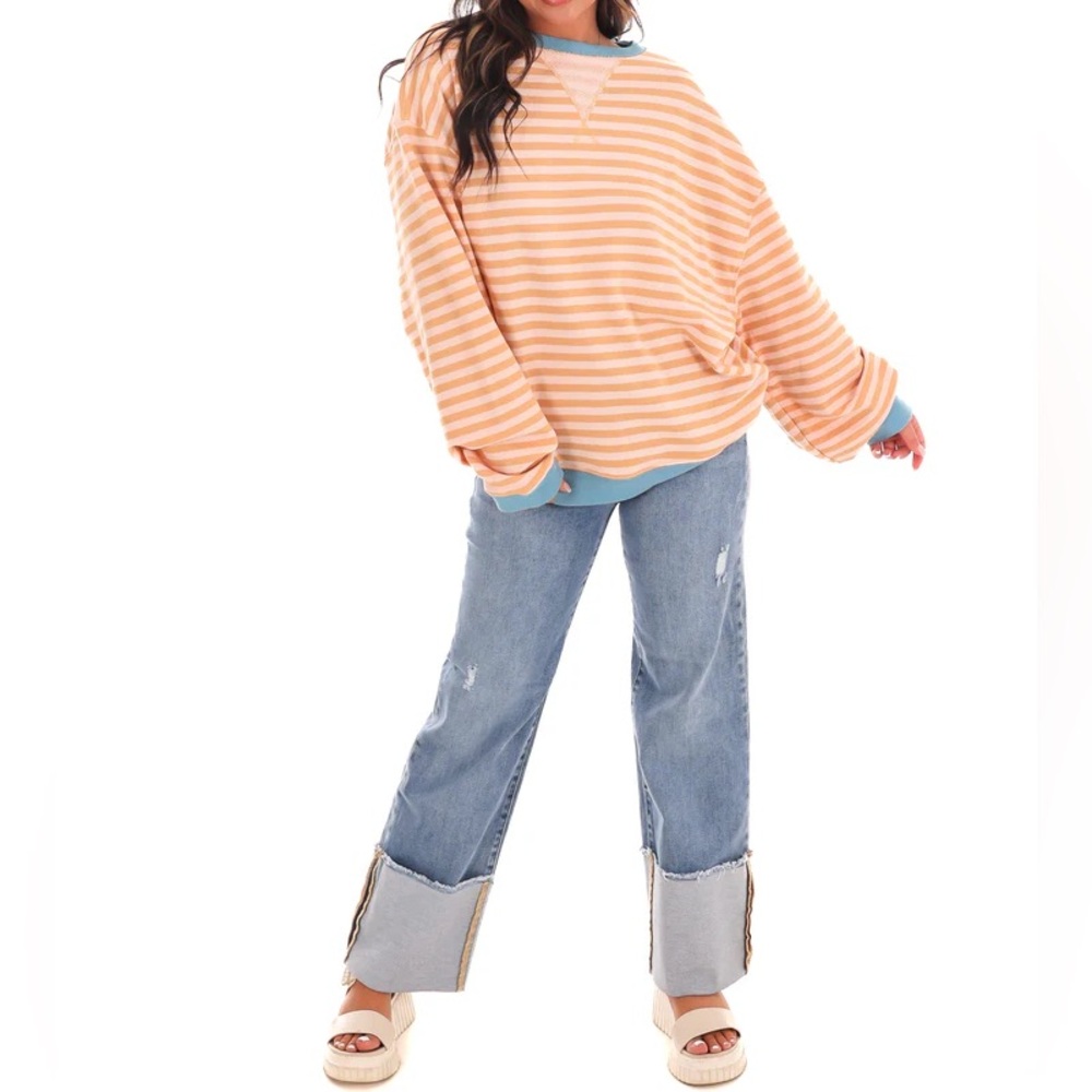 NWOT Free People Classic Striped Oversized Crewneck - Picture 3 of 11
